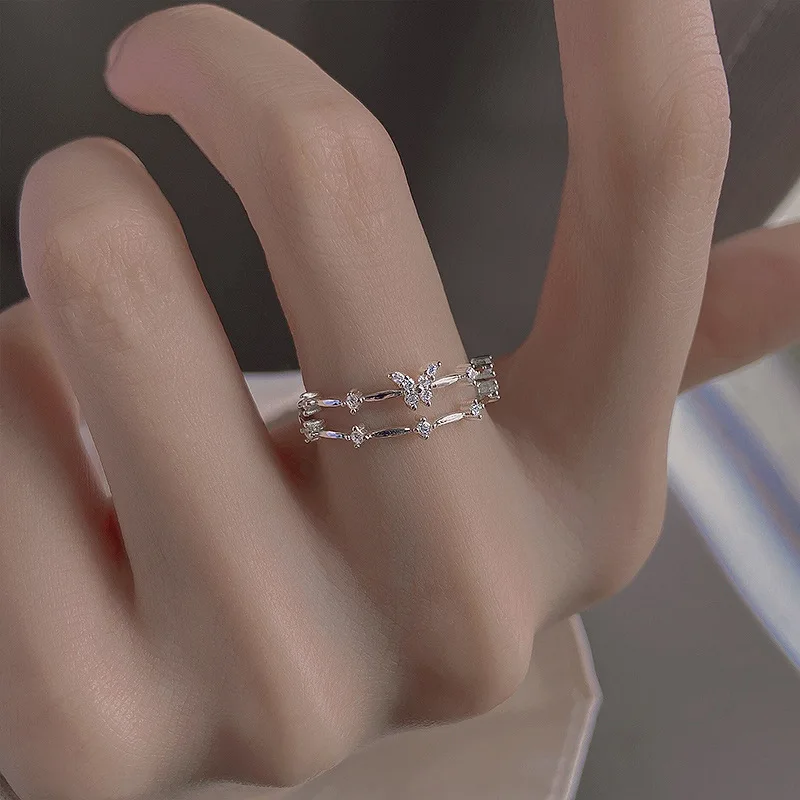 

Butterfly Double Layer Ring Female Cold Style Light Luxury Sparkling Diamond Ring Simple Fashion Versatile Niche Design OpenRing