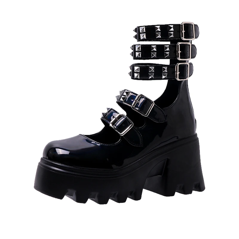 2023 Brand New Sale Block Heels Buckles Heart Platform Rivet Black Gothic Girls Cosplay Lolita Mary Janes Pumps Shoes Women