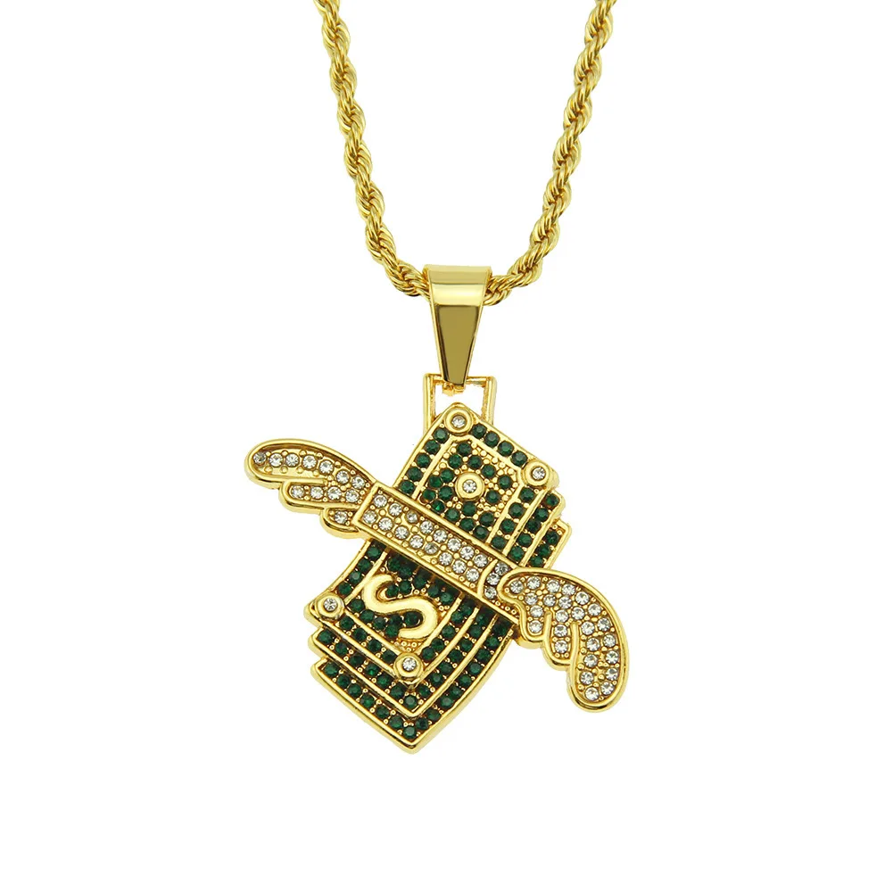 European And American Hip Hop Diamond-encrusted Angel Wings Dollar Pendant Necklace For Men