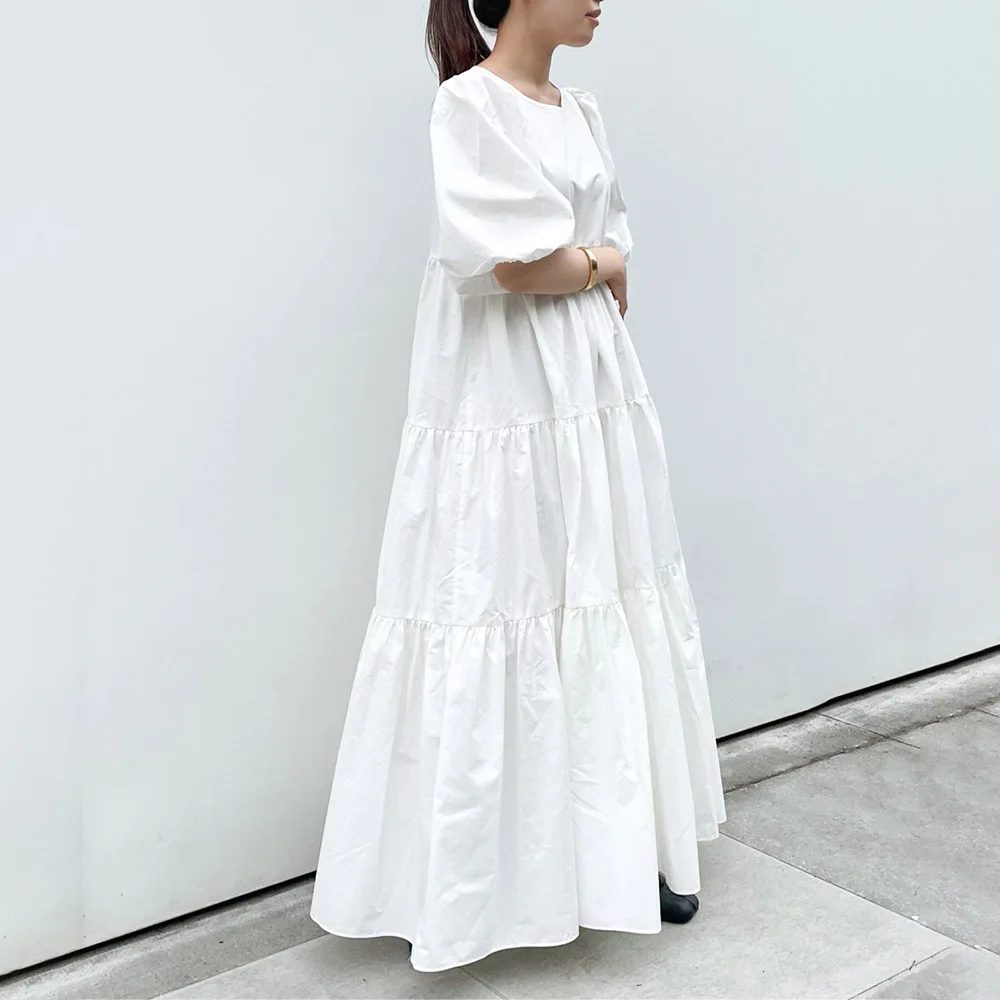

Женское летнее пляжное платье с широкой юбкой, элегантное белое корейское модное цельное платье, пуловер с рукавом до локтя, праздничный бо...