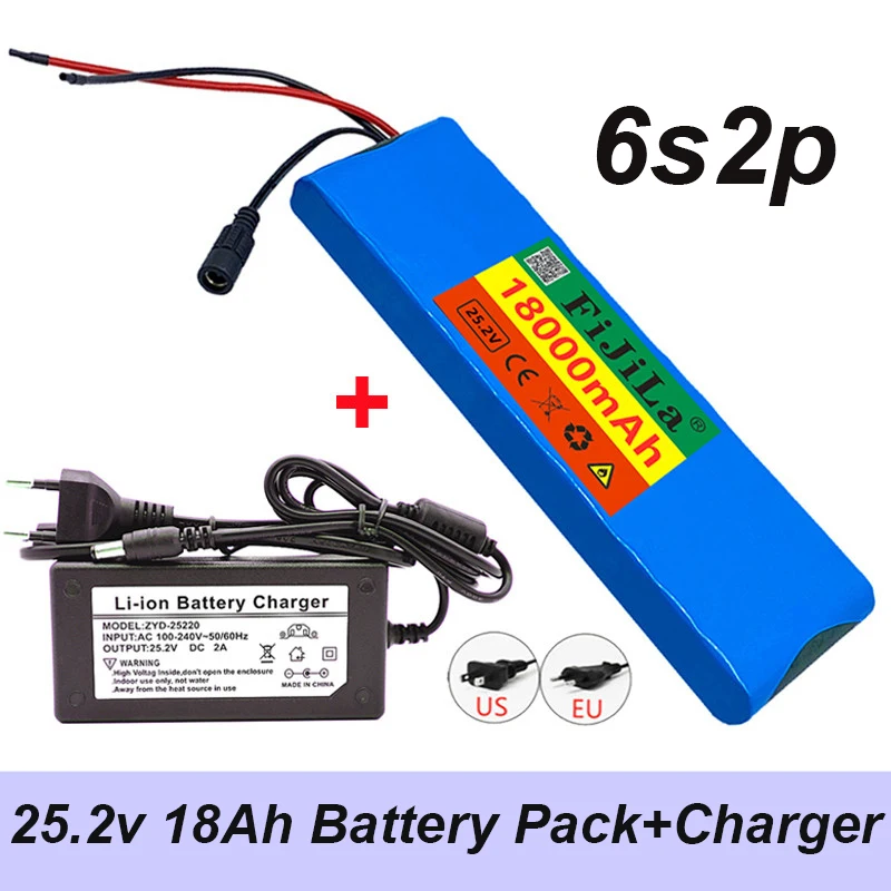 

24V 18000mAh 6S 2P 18650 Lithium-Akku 25,2 V 18000mAh Mit BMS Für Elektrische Fahrrad moped + 2A Batterien Ladegerät