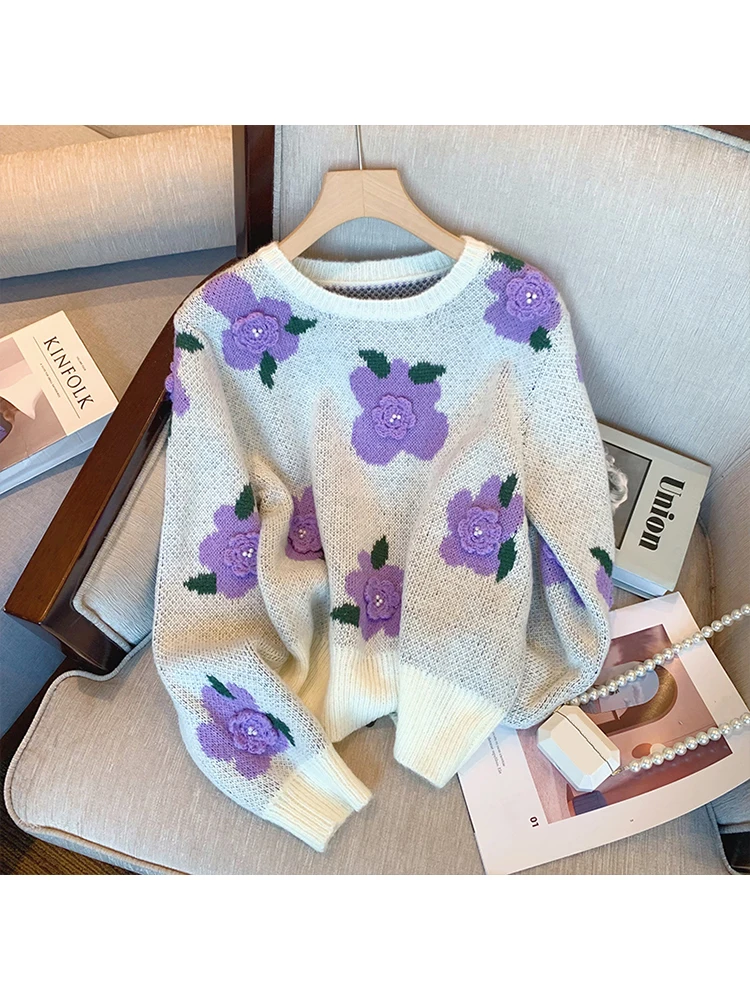 

2022 Autumn Winter Crochet 3D Floral Wool Bend Sweater Pullover Thick Warm Sweater Women Lazy Oaf O Neck Flower Pullover Jumpers
