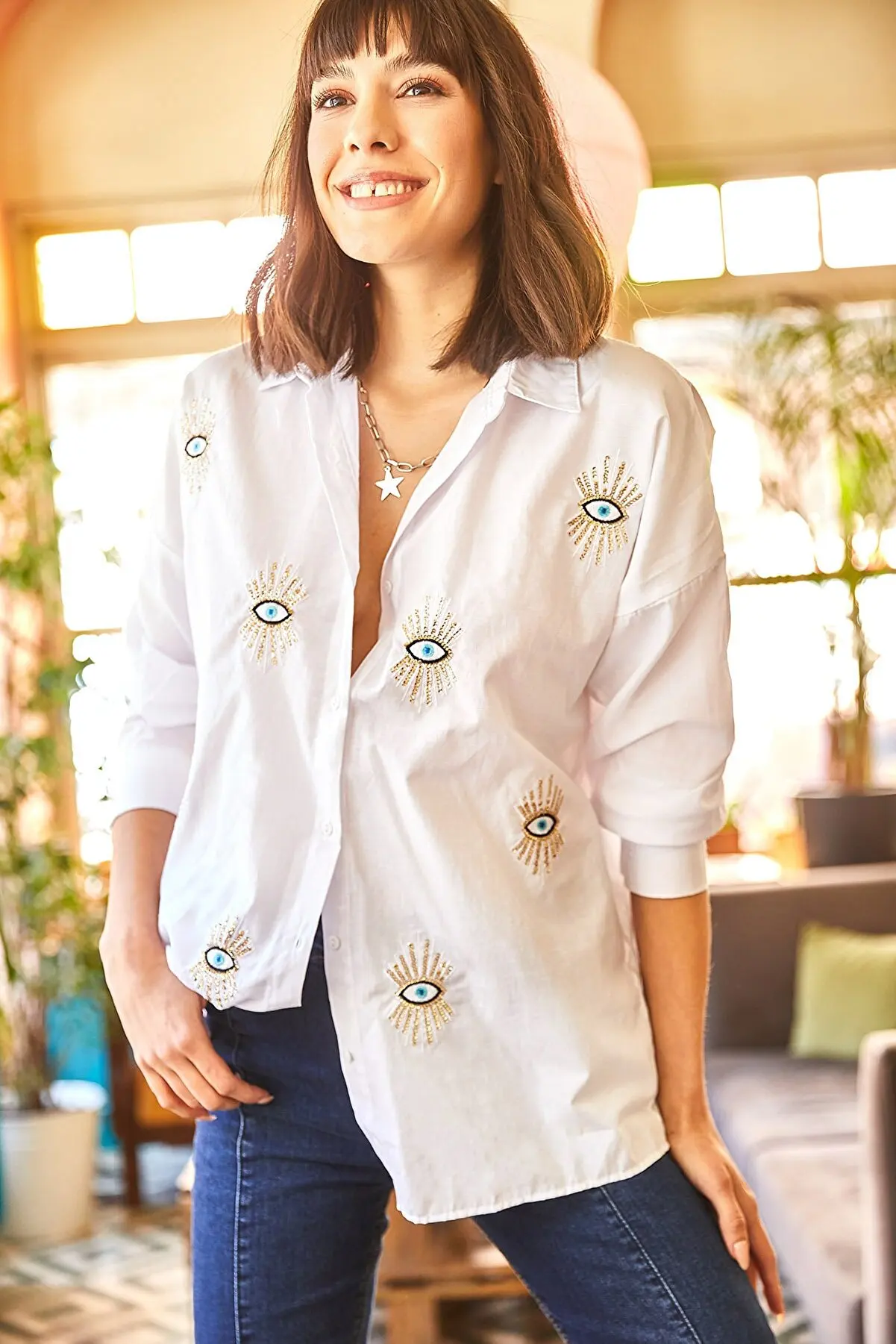 

Woman White Eye sequin Detailed Weaving Shirt Pretty and Cheap women's Blouses 276693678