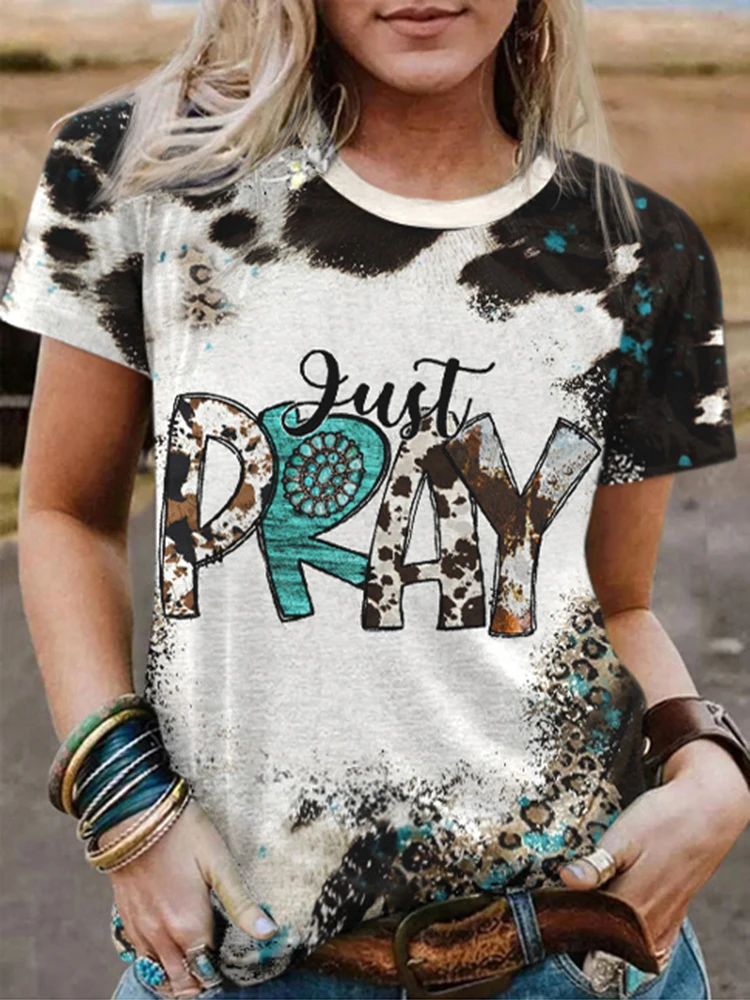 

Just Pray Letter Printed T-Shirt Women Cow Leopard Turquoise Western T-Shirts Bleached Shirt Women Vintage Tee Tops Casual