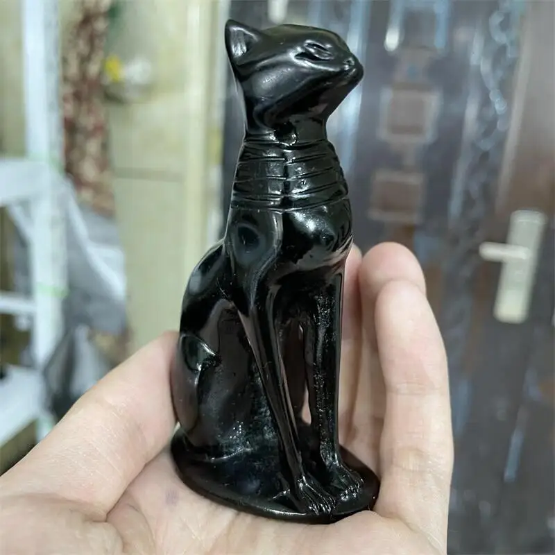 

Natural Black Obsidian Egypt Cat Hand Carved Animal Figurine Energy Crafts Home Decoration As Gift