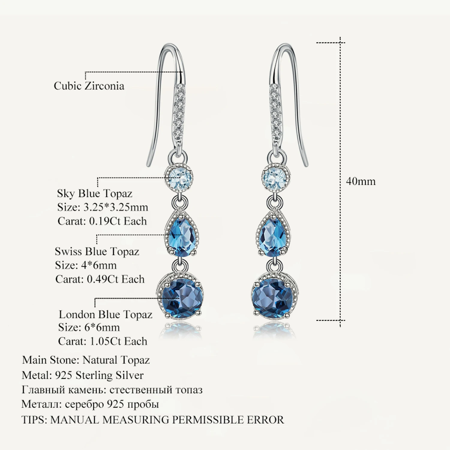 

GEM'S BALLET Natural London Blue Topaz Dangle Earrings Gemstone Jewelry 925 Sterling Silver Elegant Brincos for Women Wedding