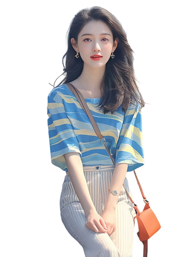 Женская футболка с короткими рукавами и цветущей синей полосой новинка весны 2023