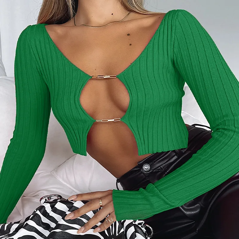 

T-shirt Navel Sexy Hot Girl 2022 Spring/Summer High Waist Pure Color Sunken Stripe Tight European and American Short Top