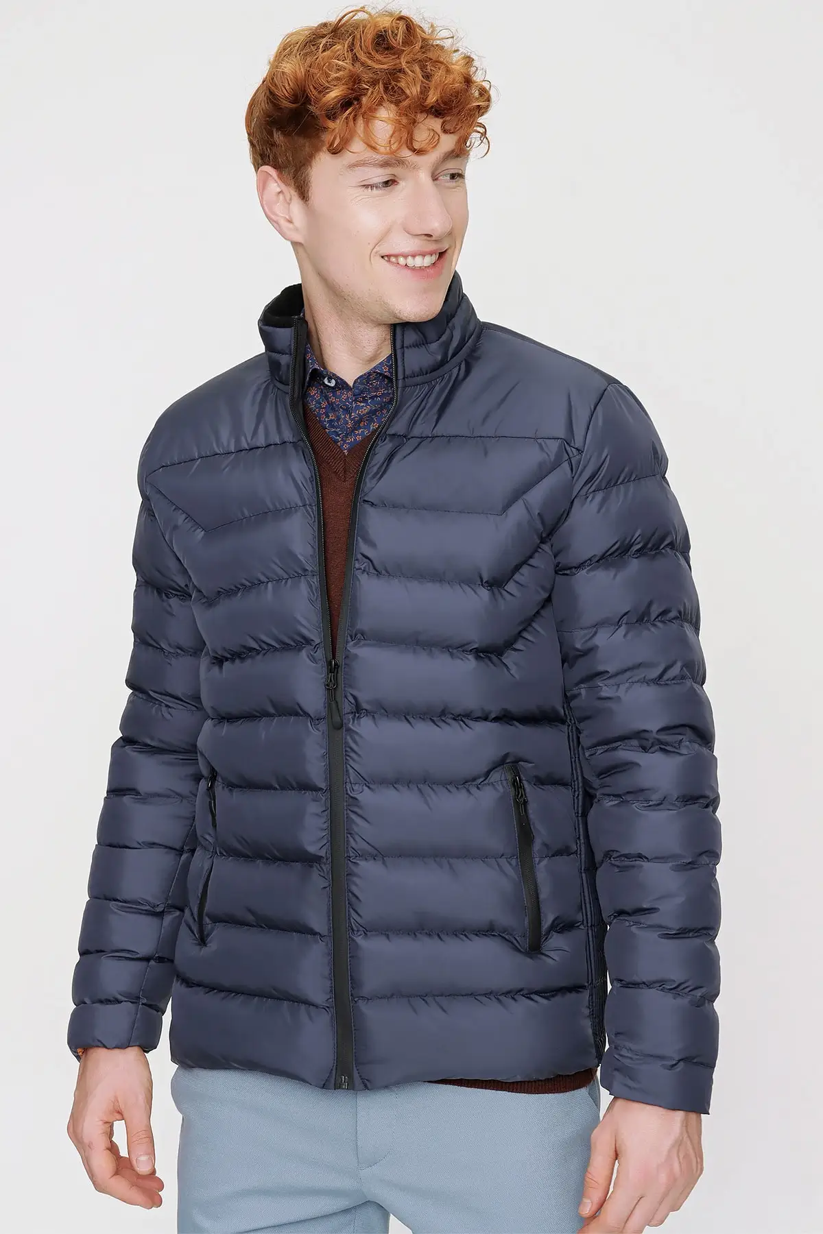 Men's Navy Edmonton Dynamic Fit Casual Fit Zippered Quilted Coat
