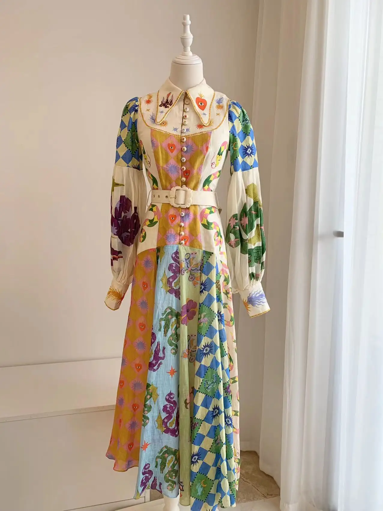 

Women's Midi Robe Printed Lantern Sleeve Belt Bohemian Dress