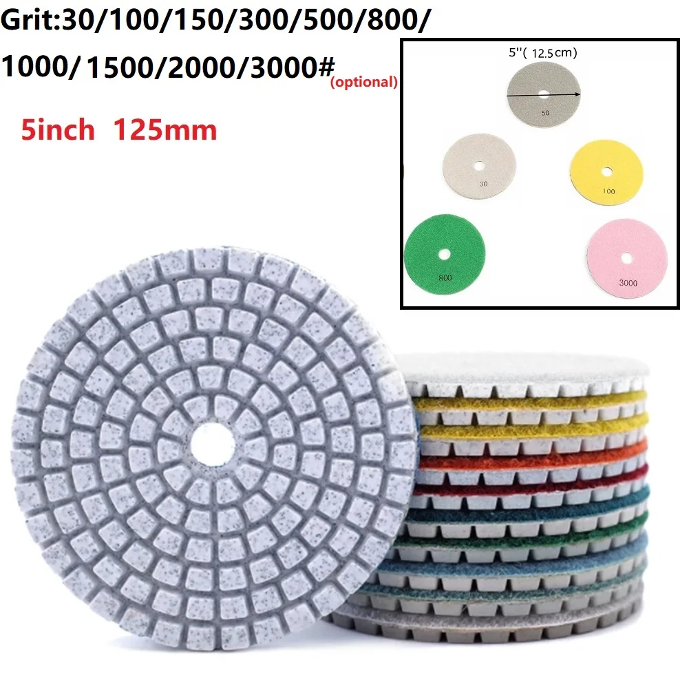 5 Inch 125mm Dry/wet Diamond Polishing Pads Flexible Grinding Discs For Granite 30/100/150/300/500/800/1000/1500/2000/3000 Grit