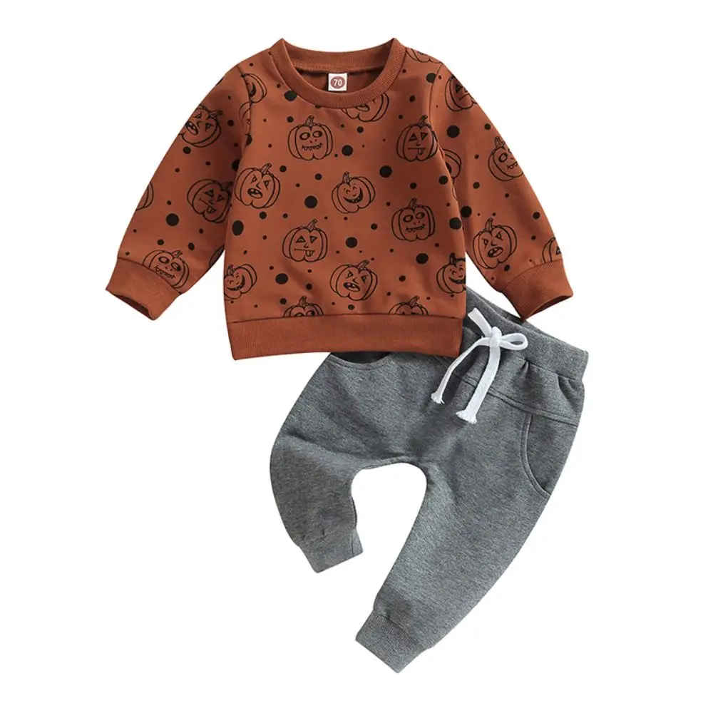 

2023 Autumn Halloween Toddler Baby Boy Outfits Long Sleeve Pumpkin Dots Print Sweatshirt + Pants Set Fall Clothes for 0-3 Years