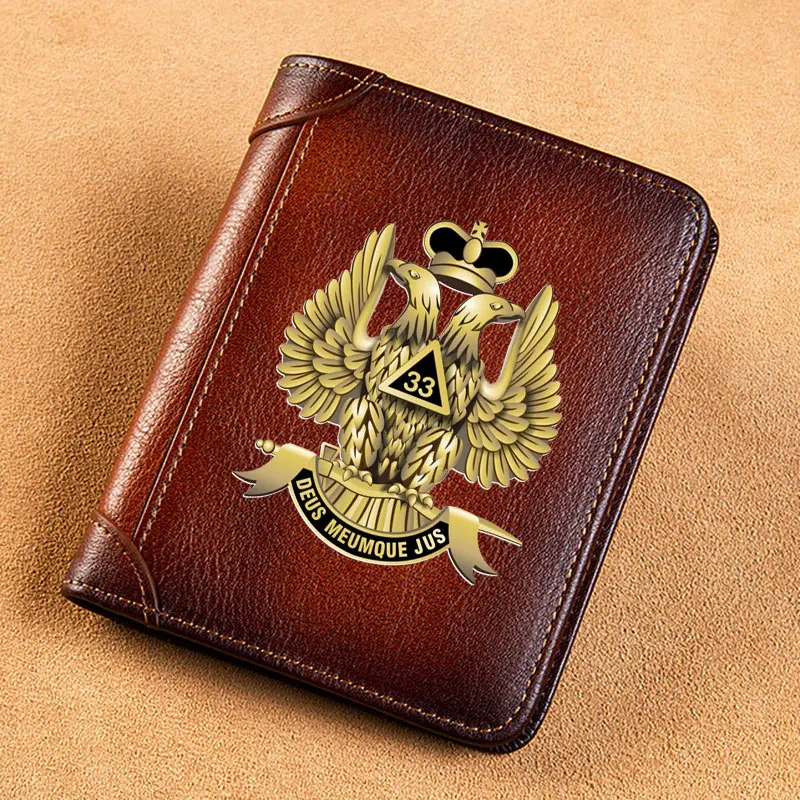 High Quality Genuine Leather Wallet Freemason 33 Deumque Jus Eagle Printing Standard Purse BK441