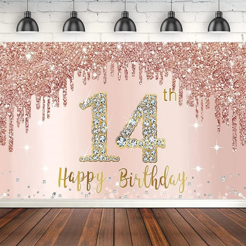 

Photography Backdrop For Girls Rose Gold Party Sign Supplies Happy 14Year Old 14th Birthday Poster Pink Background Banner Decor