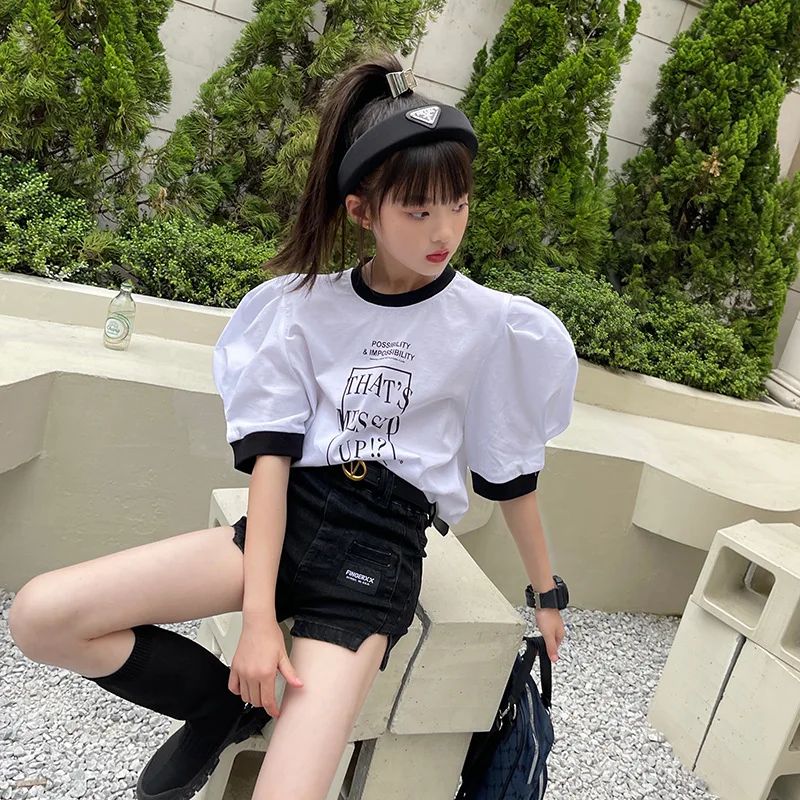 

Girls T-shirt Puff Sleeve 2022 Summer New Small Fresh Design Round Neck Loose Top Fashion Trend