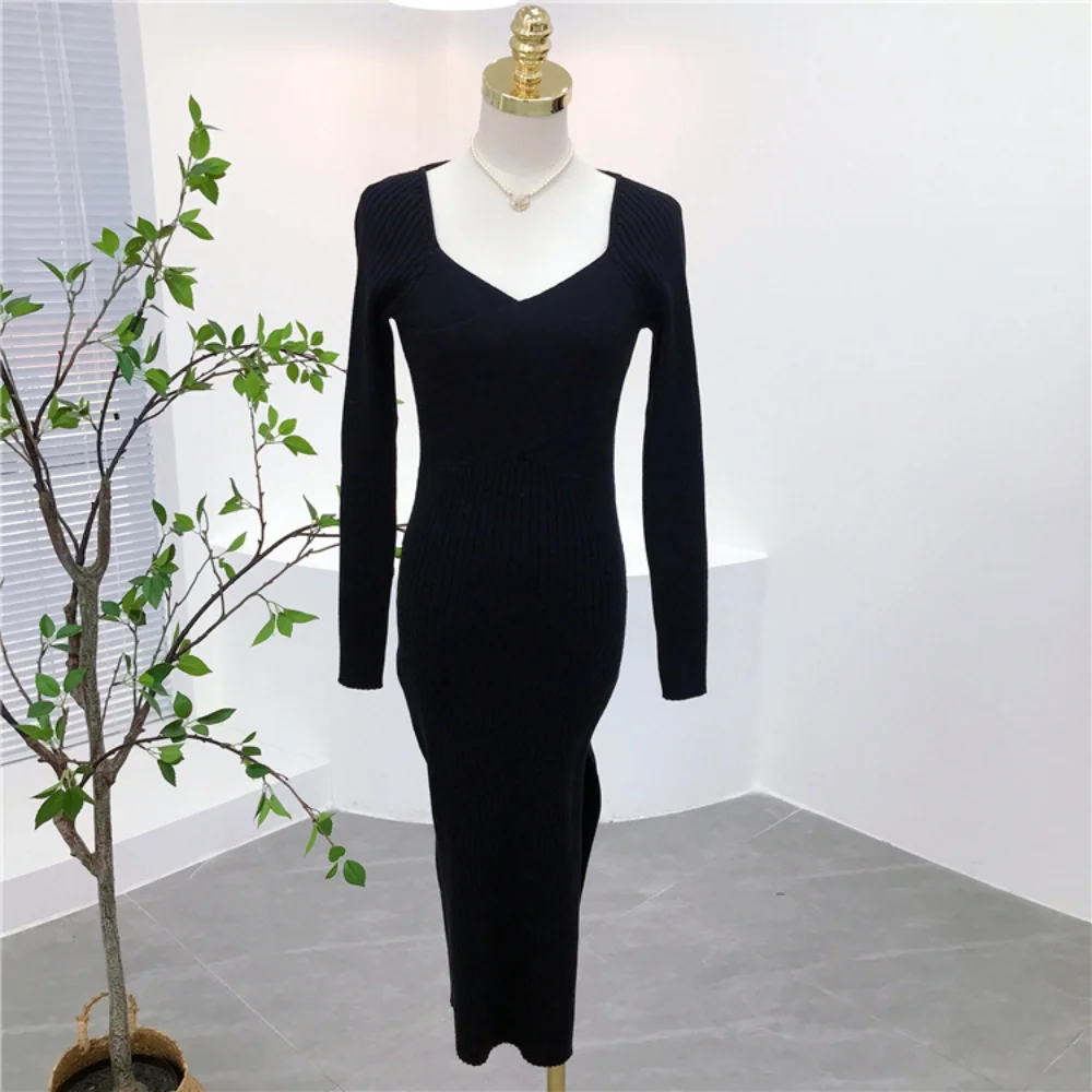 

Женские платья, Новое поступление, облегающее однотонное платье с длинным рукавом и высоким разрезом, облегающее пикантное платье, уличная ...