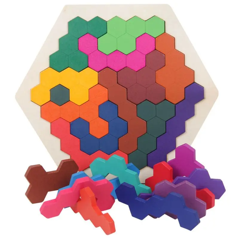 

77HD Wooden Puzzles Brain Teasers Toy for Kids Adults, 14 Pcs Colorful Hexagon Fun Geometry Tangrams Puzzle Table IQ Game