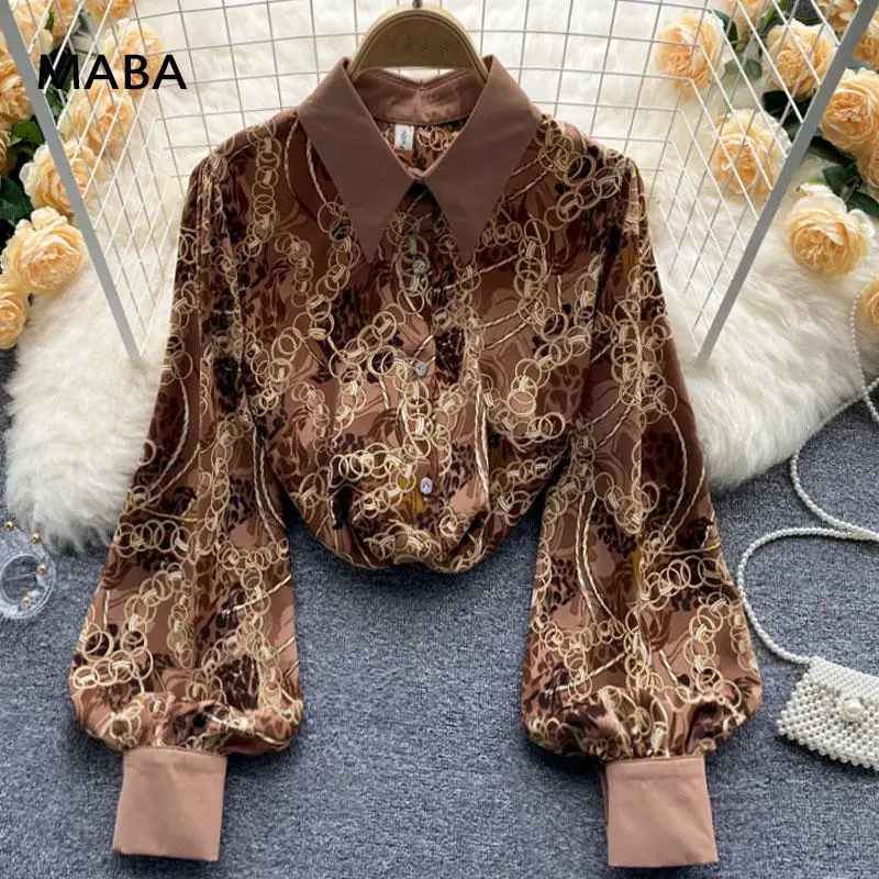 

Новинка, женская рубашка с принтом, весна 2022, женские винтажные свободные блузы с отложным воротником и длинными рукавами-фонариками, роско...