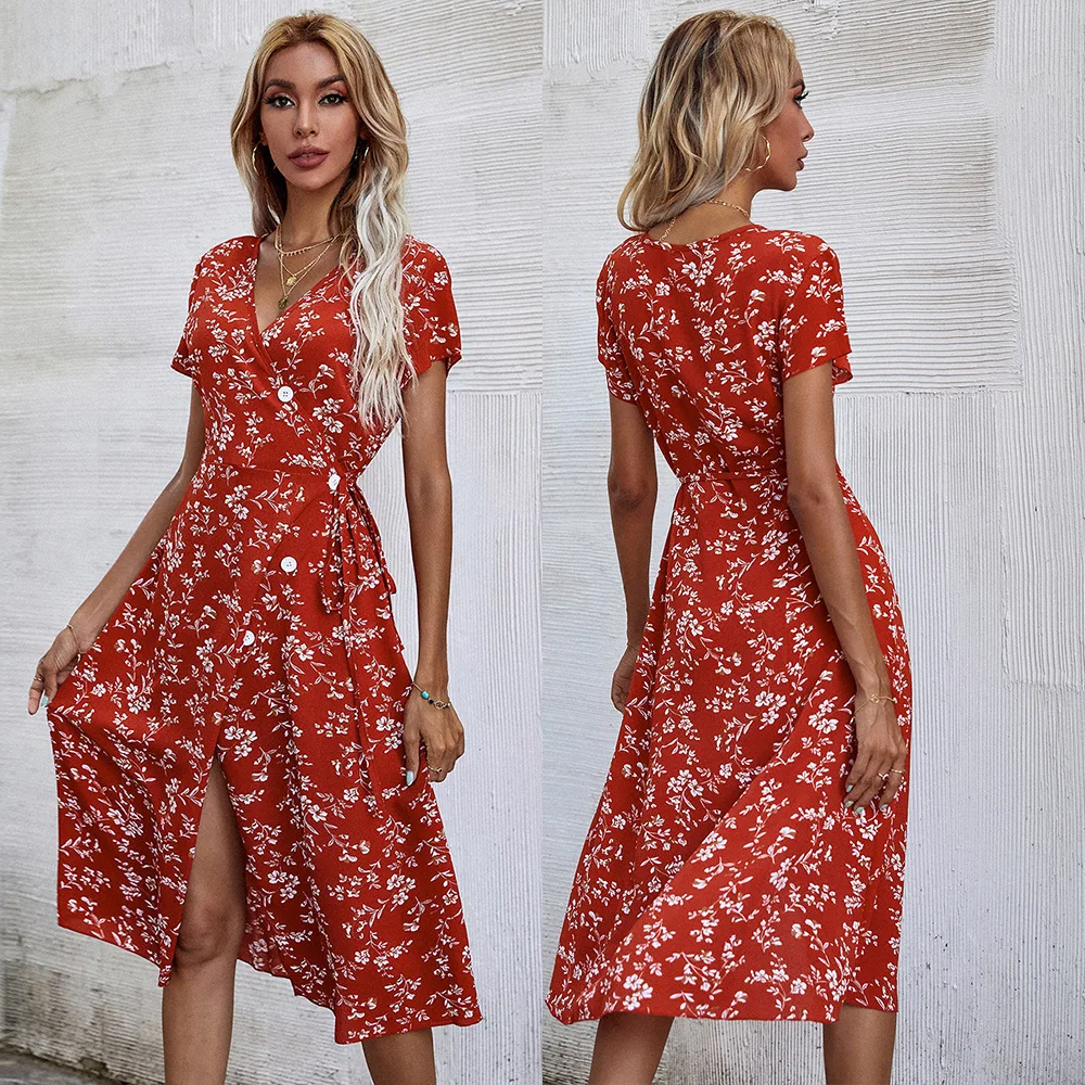 2022 Summer New Sexy V-Neck Printed Slit Ladies Dress Bohemian Buttoned Sling Dress