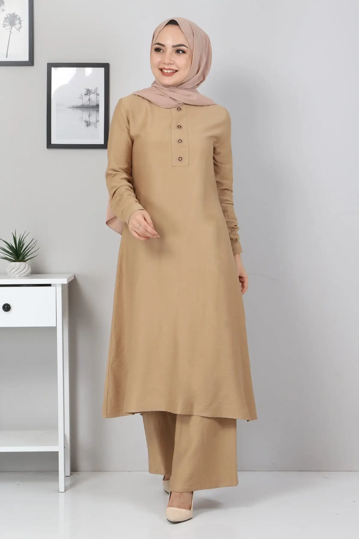 Button Hijab Kombin Tan Brown Bottom-Top Suits Clothing