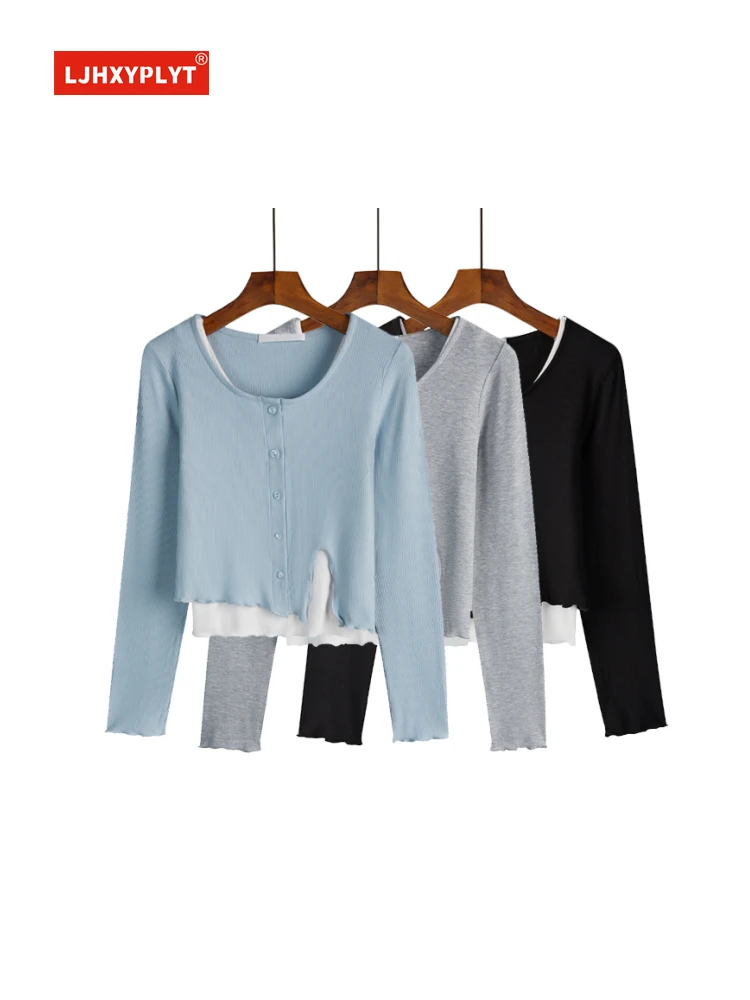

Thin Vest Long-sleeved T-shirt Two-piece Set Women's Spring And Autumn New Design Irregular Solid Color Short Top Suits Female
