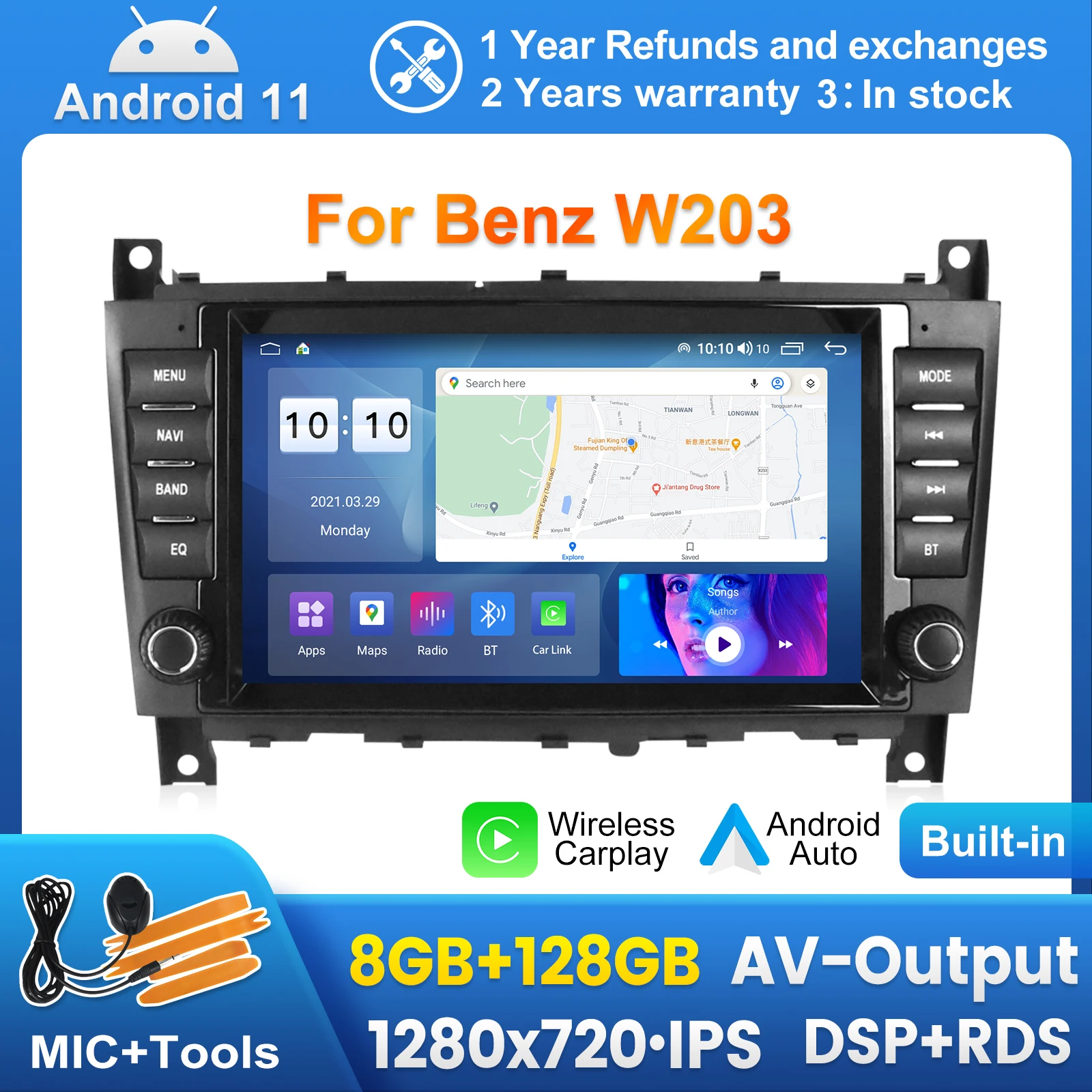 Автомобильный мультимедийный радиоплеер Carply Android 11 для Mercedes Benz W203 W209 W219 A Class A160