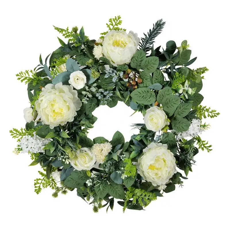 

Spring Wreath Faux Peony Floral Wreath Spring Summer Garland White Flower Hanging Decorations Welcome Wreaths For Front Door