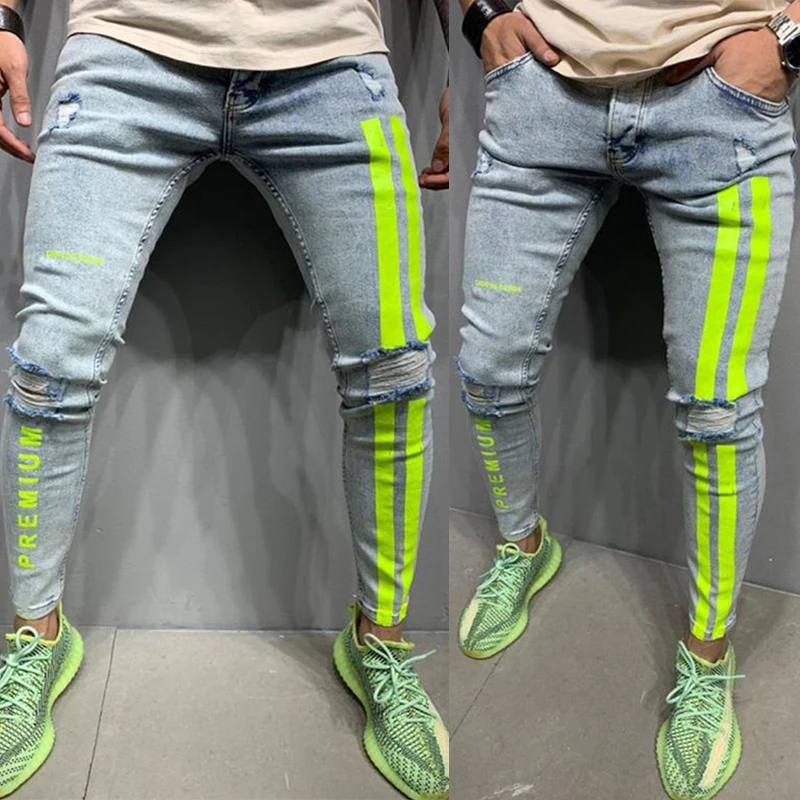 Autumn Fashion Men's Jeans Trousers Tight Elastic Knee Ripped Pants Pencil Pants Daily Casual Jogging Sports Ropa Hombre S-4XL