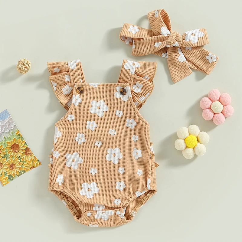 

Baby Girl Suspender Jumpsuit Set Casual Floral Print Ruffled Flying Sleeve Rompers and Headband