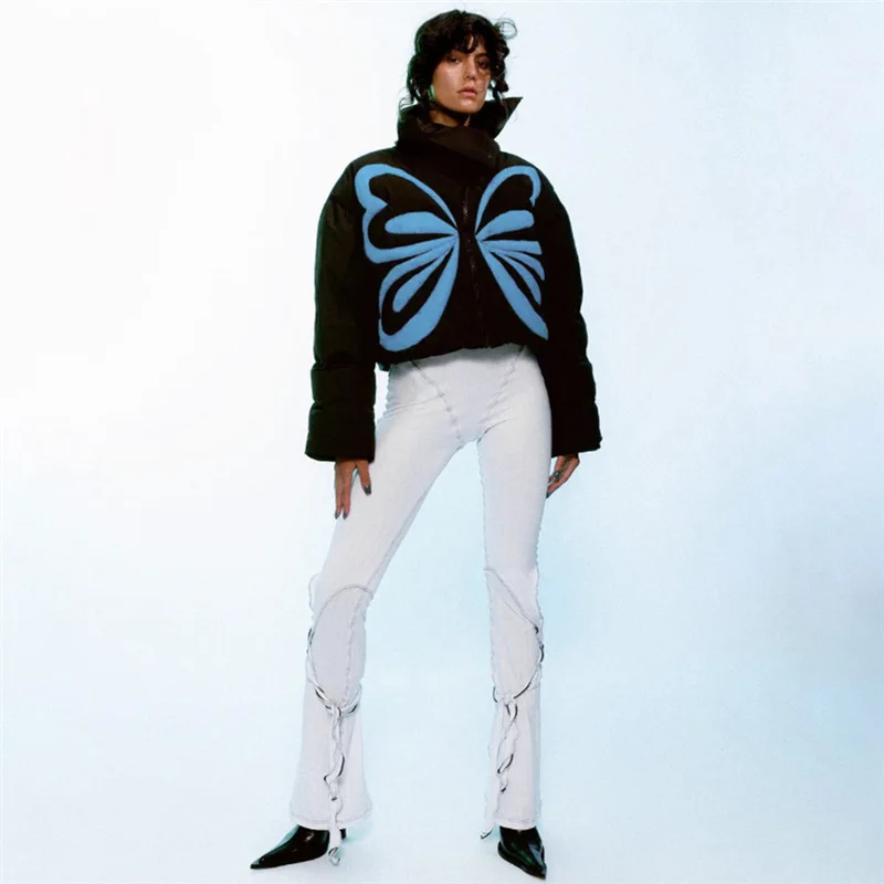 

Женская осенне-зимняя новая мода 2022, уличный блоггер INS с высоким воротом и принтом бабочки, универсальная утепленная хлопковая куртка