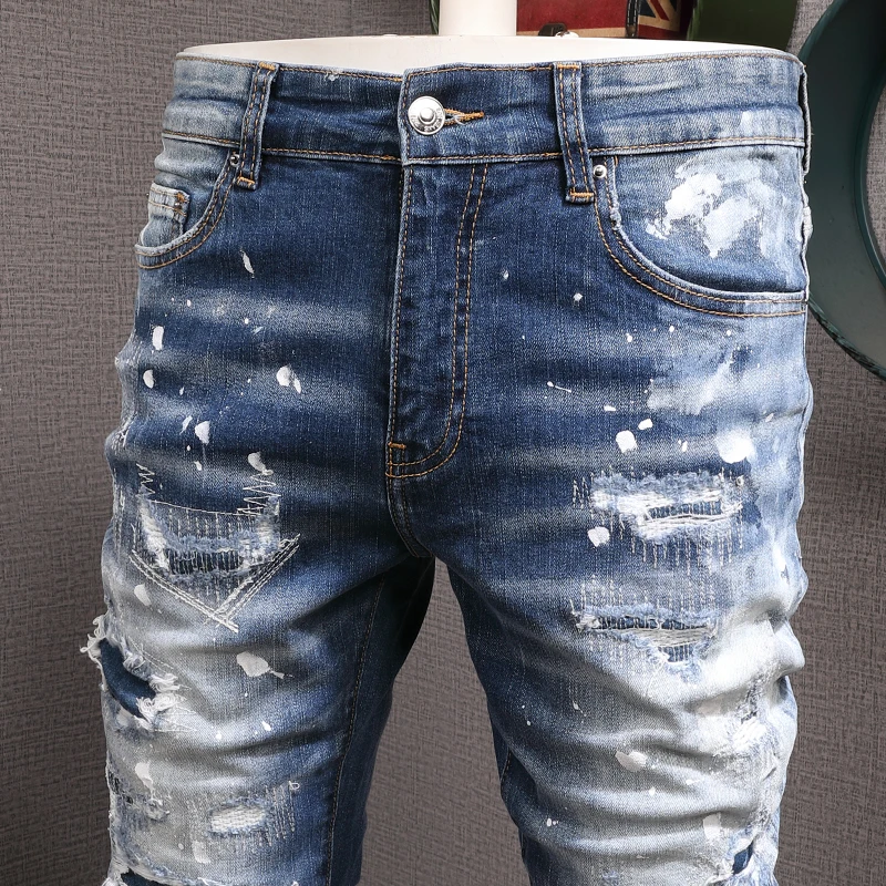 Streetwear Fashion Men Jeans Retro Blue Stretch Elastic Slim Fit Ripped Jeans Men Painted Designer Hip Hop Brand Pants Hombre