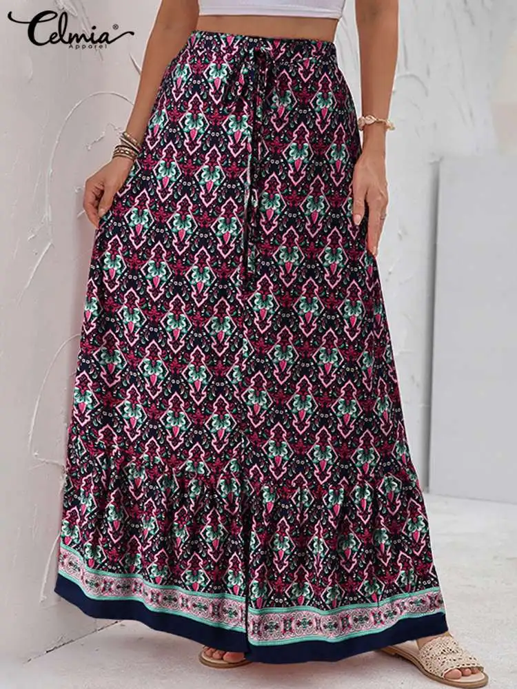 

Celmia Bohemian Women Floral Print Maxi Skirt 2022 Summer Elastic High Waist Long Skirts Casual Loose Ruffled Pleated Bottoms