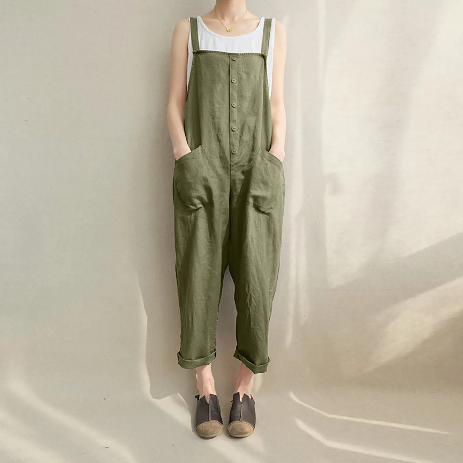 

Solid Color Jumpsuit Women Loose High Waist Dome Vintage Style Jumpsuit Rompers Women Cotton Linen Double-shoulder Overalls