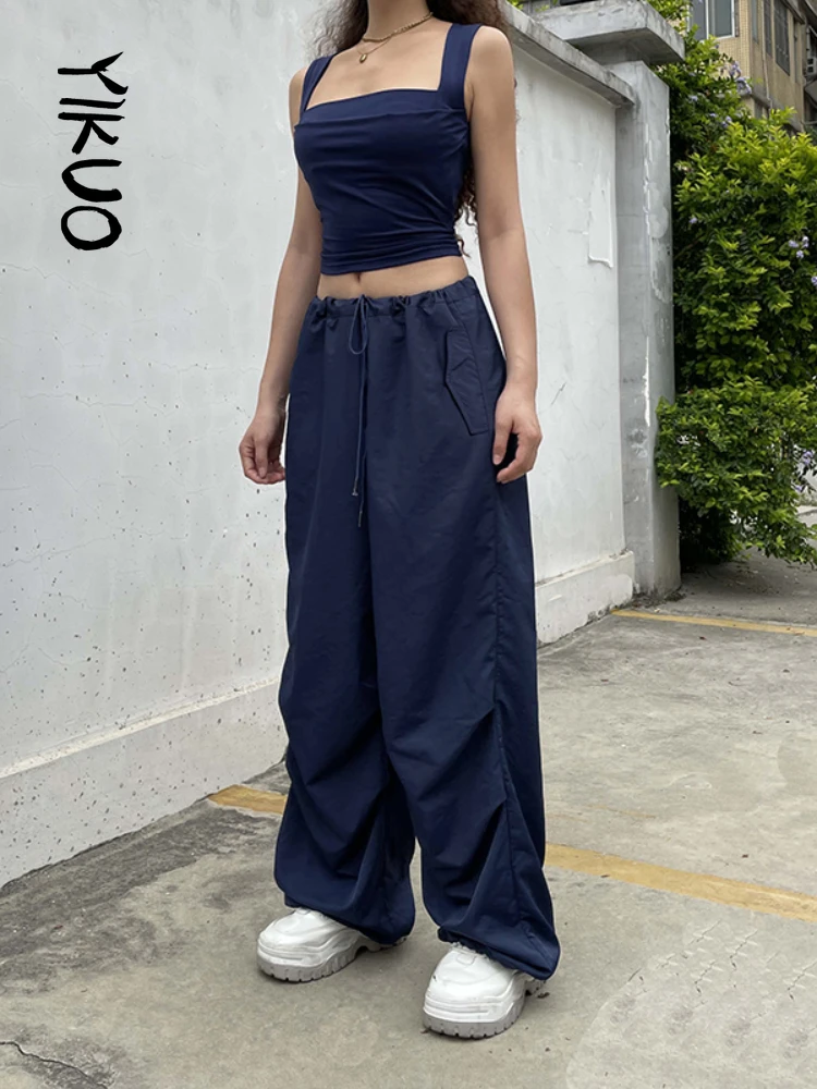 

YIKUO Drawstring Low Waist Casual Baggy Joggers Womens Streetwear Sweatpants Blue Solid Loose Size Korean Hippie Harem Pants