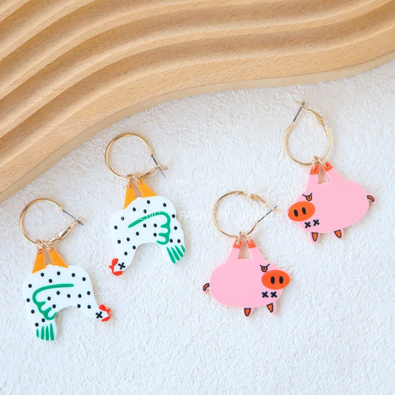 

Novel Acrylic Funny Cartoon Earrings Inverted Rooster Piggy Cute Printed Girl Jewelry Funny Personality Women's Earrings