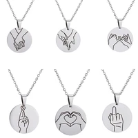 fashion european stainless steel gesture language necklace i love you swear gesture geometry circular pendant necklace for women