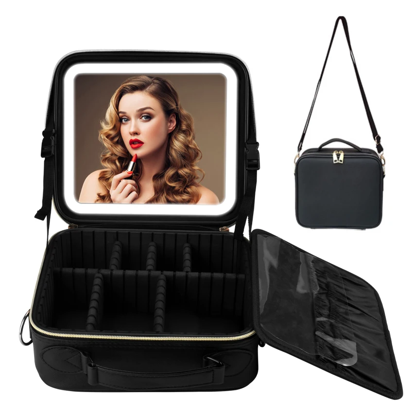 

Premium Travel Make Up Bag with Large 3 Setting Adjustable LED Mirror - Waterproof Vanity Case for Cosmetics - Light Up Makeup