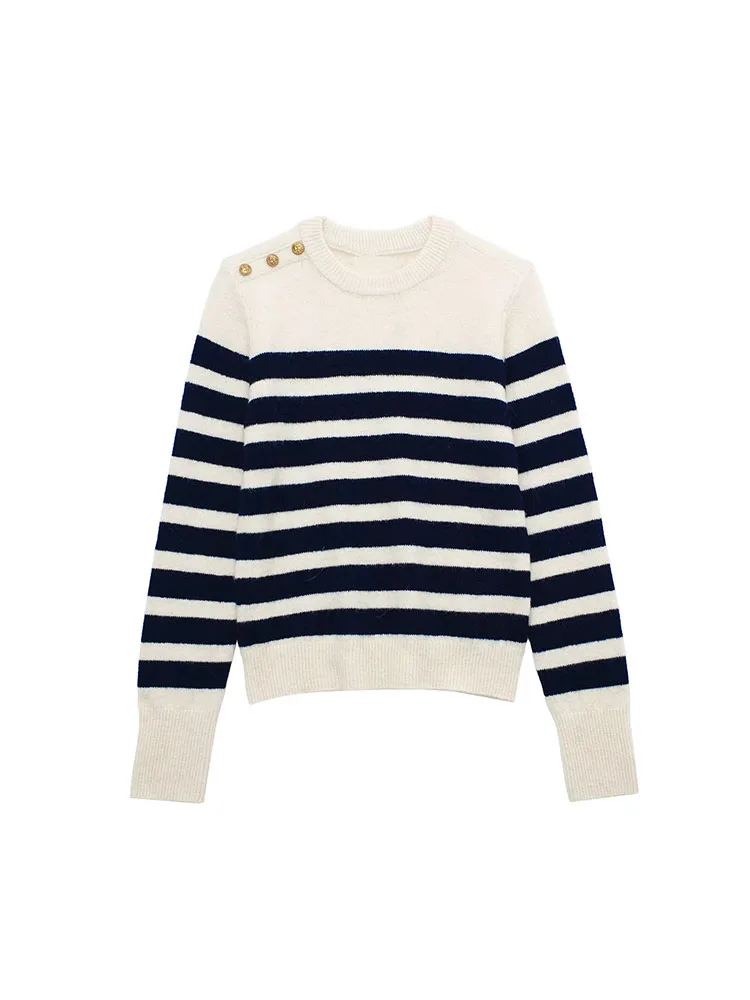 

Женский вязаный свитер в полоску PB & ZA, модный винтажный пуловер золотого цвета с длинными рукавами и пряжкой, 9598010, 2022