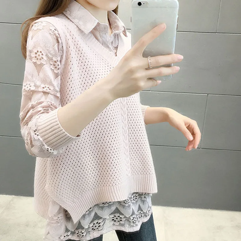 

Vest women's sweater two-piece set 2023 spring and autumn new Korean version loose lace gentle wind