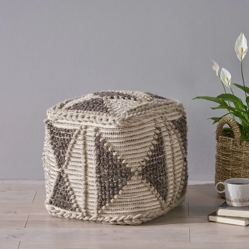 

Raphael Boho Handcrafted Cube Pouf, Gray and Ivory