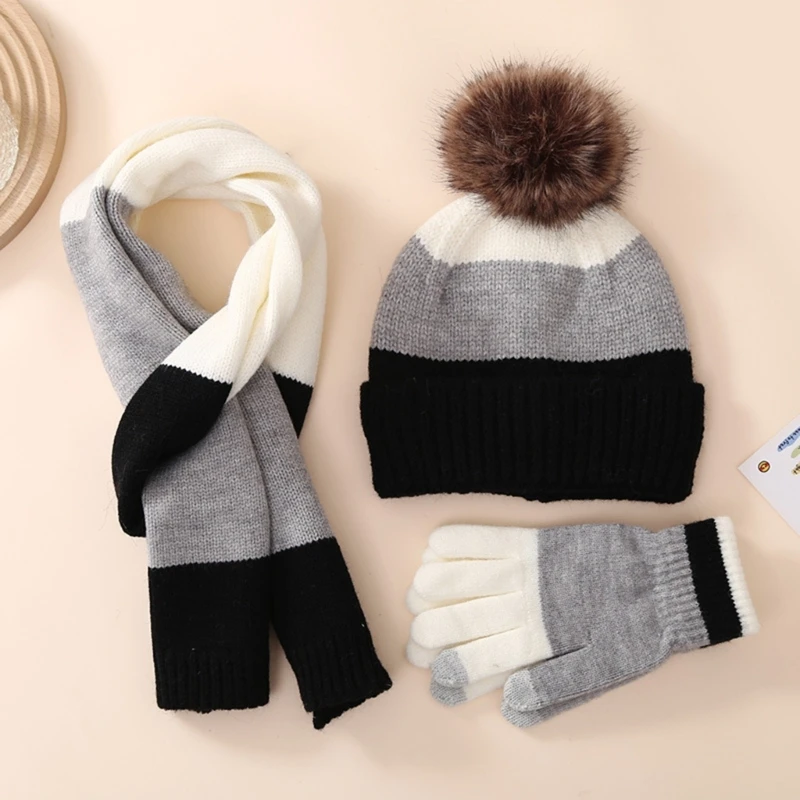 

Kids Winter Set Fleece-Lined Hat Gloves & Scarf Knitted Hat set for ExtraWarmth