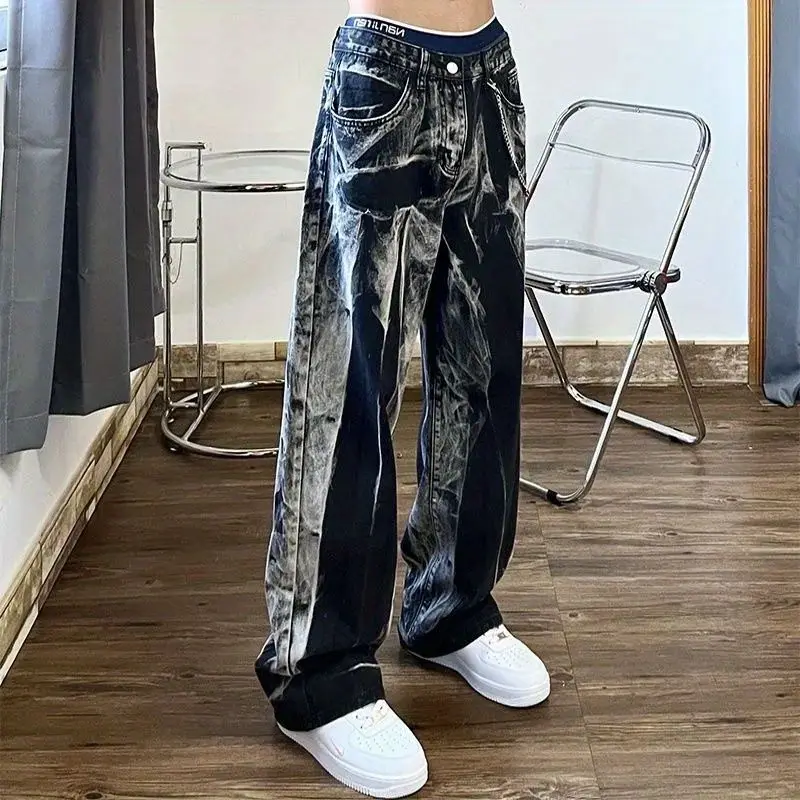 

Baggy Black Jeans Women Tie Dye Washed Straight Wide Leg Pants High Waist Goth Vintage Streetwear Denim Casual Hippie Trousers