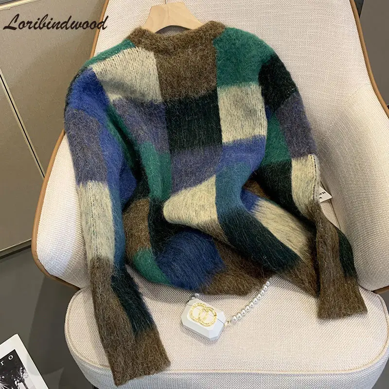 

Retro Lazy Hit Color Plaid Round Neck Sweater Women Autumn and Winter Loose and Thin Casual Imitation Mohair Pullover Sweater