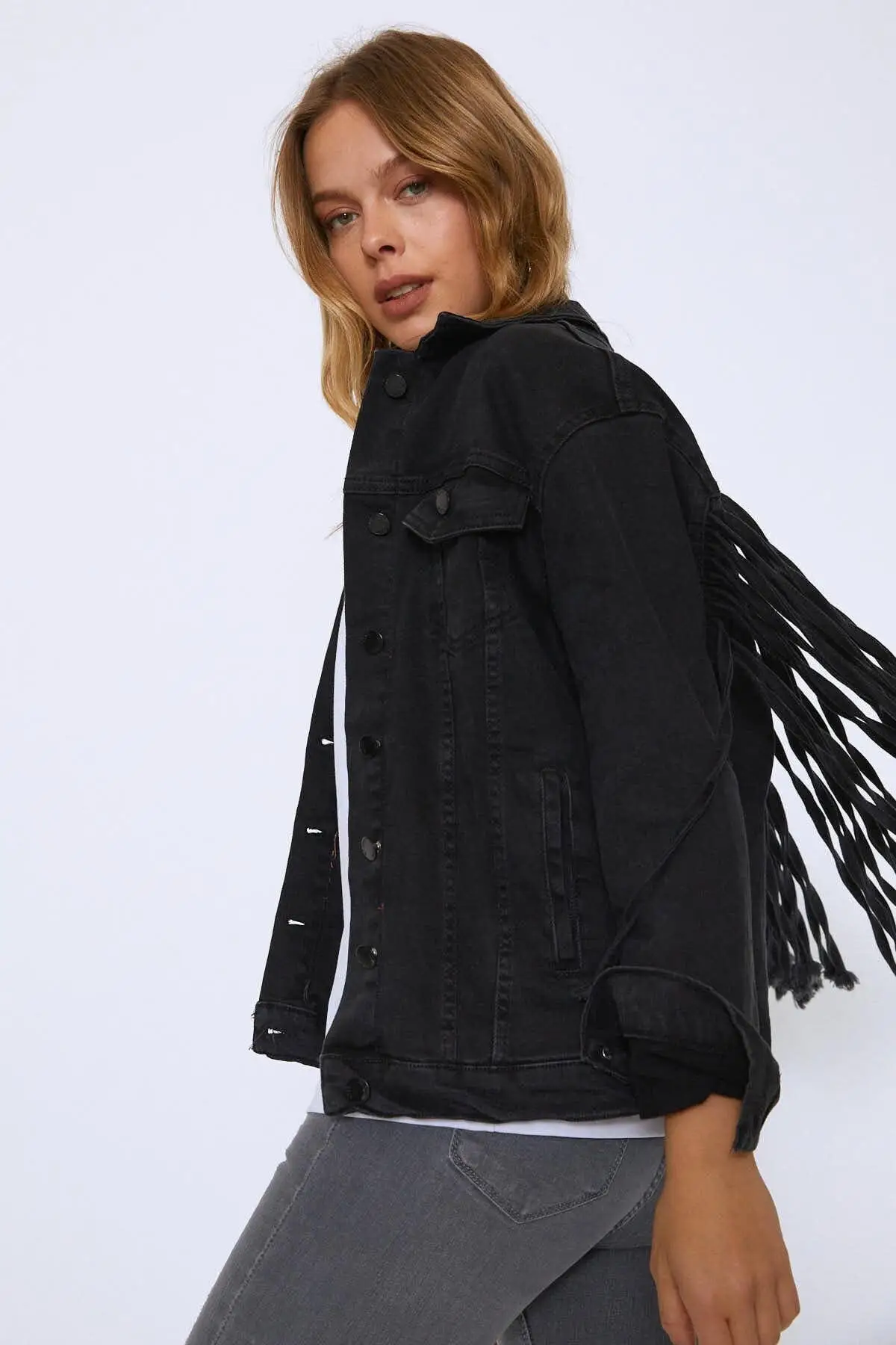 

Women's Fashion Denim Jacket Coat Rear Tassels Jeans Jacket Anthracite