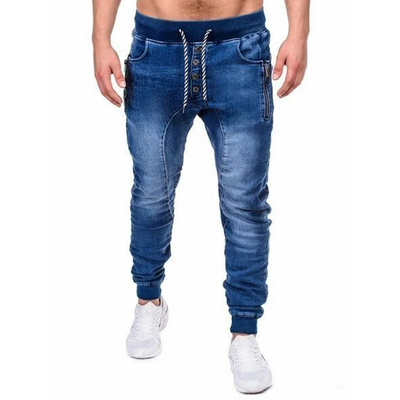 Men Jeans Streetwear Vintage Jeans Spring Solid Pocket Single-Breasted Denim Pencil Pants Men Lace-up Mid Waist Sports Jeans
