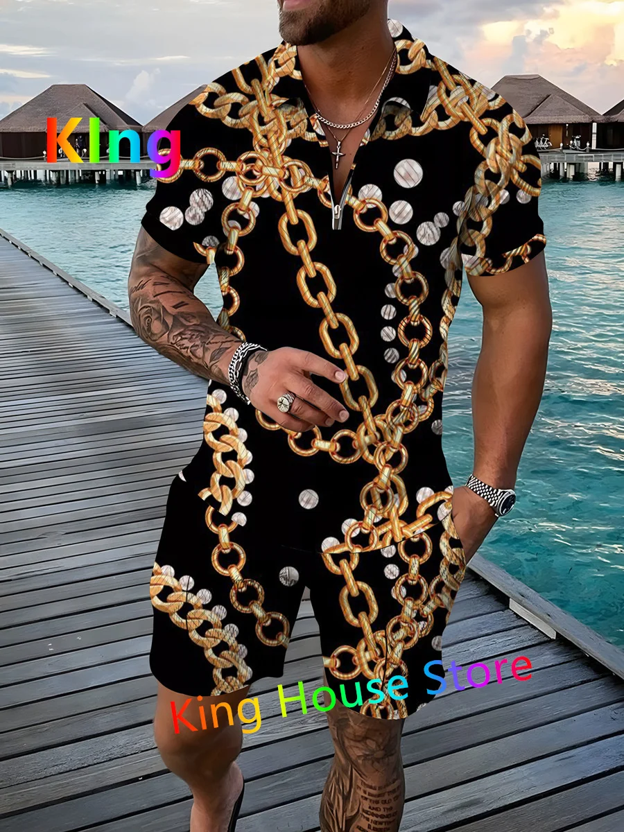 Fashion Men Casual Set Streetwear Luxury Chain Printing Short Sleeve Polo Shirt+Shorts Summer Harajuku Sportswear Men's Clothing