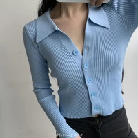 women 2022 new lapel slim slimming tops ladies hollow buttons sexy v neck long sleeve polo neck knit cardigan sweater women