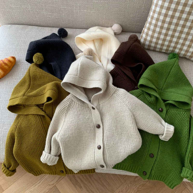 

Autumn Kids sweaters solid color hooded Girls knitwear Boys Loose Knit Cardigan