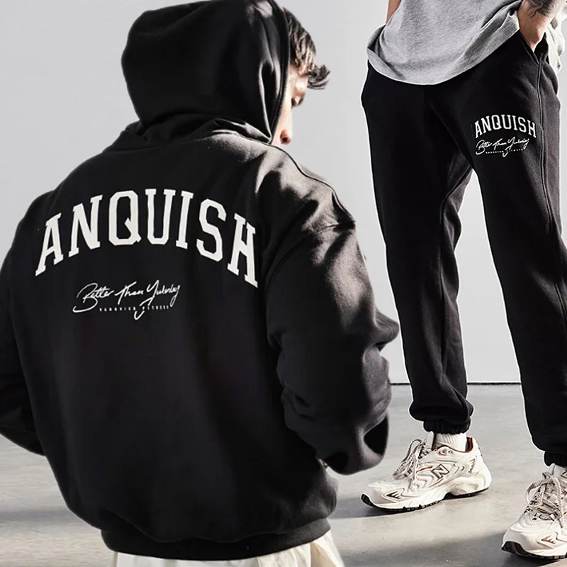 

Men's Fashion Gym Tracksuit Sets Print Hooded Pullovers +Pants Suit Casual Sportswear Sets Male Loose Hoodies Fitness Clothing