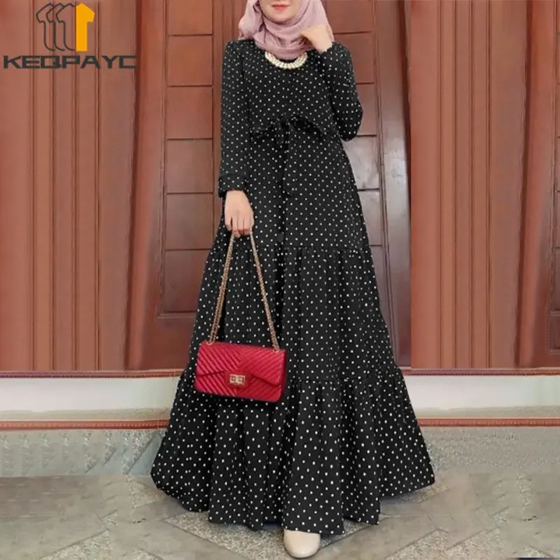 Muslim Women Dubai Abaya Long Dress Kaftan Islam Arab Elegant Dot Print Loose Dresses with Belt Robe Middle East Eid Clothing